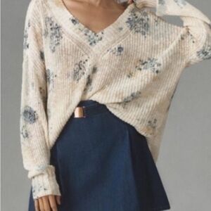 Pilcro V-Neck Sweater in Cream and Blue